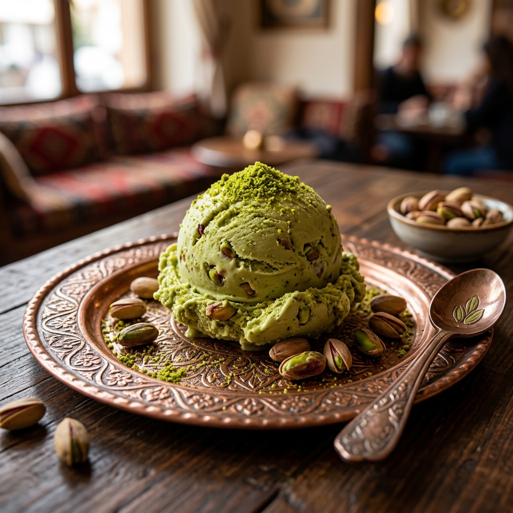 Engraved copper plate with gourmet pistachio ice cream